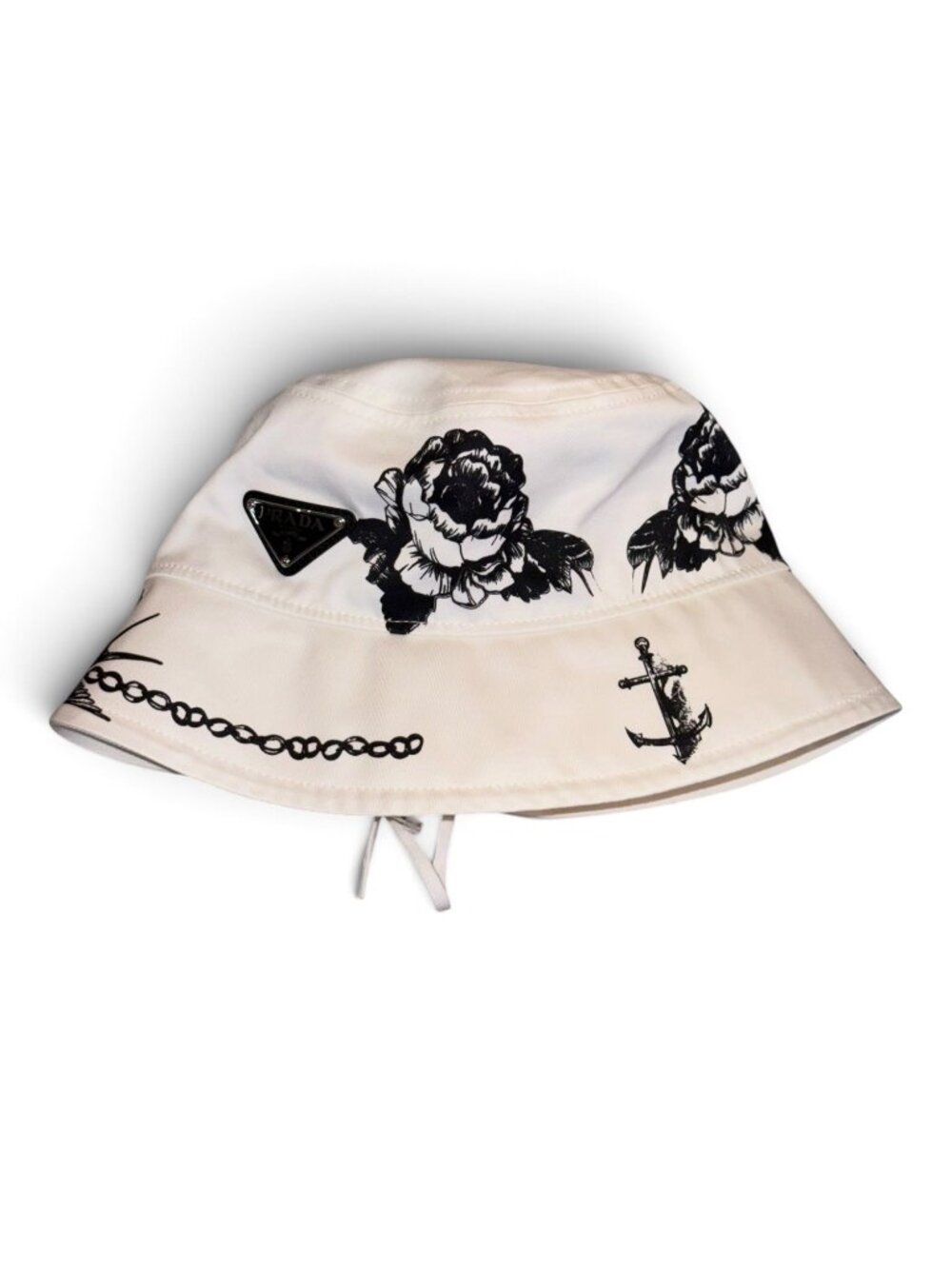Prada Nylon Bucket Hat With Lace-Up Back & Black Floral Anchor Print Size M Whit